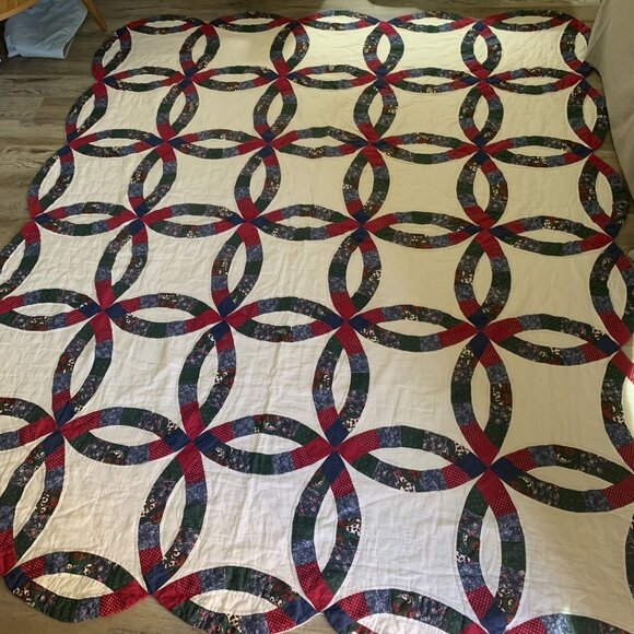 Handmade Other - Vintage Hand Stitched Double Wedding Ring Quilt Patchwork Multicolored 82 x 98